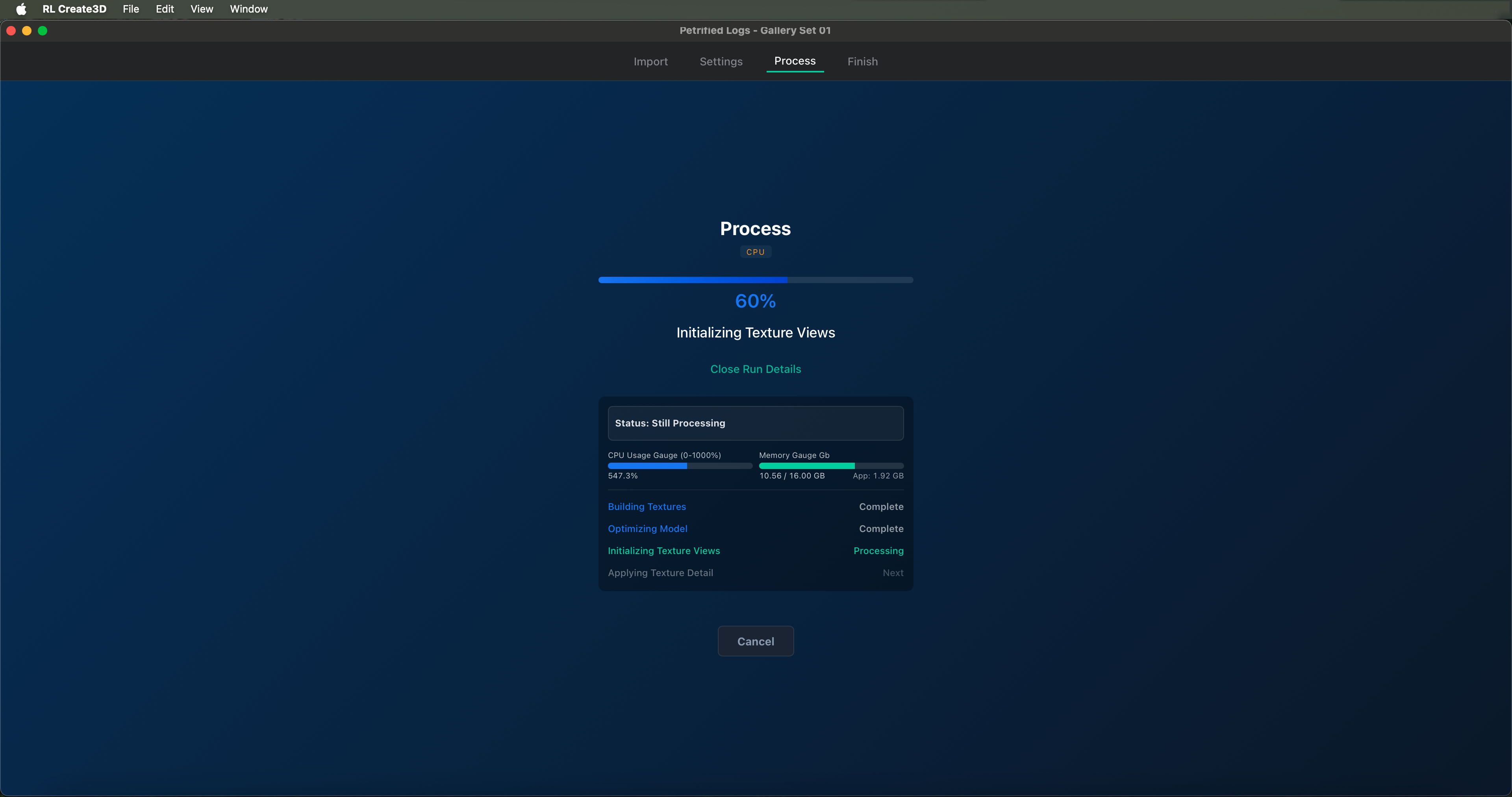 Create3D automatic processing screen with live progress and run details
