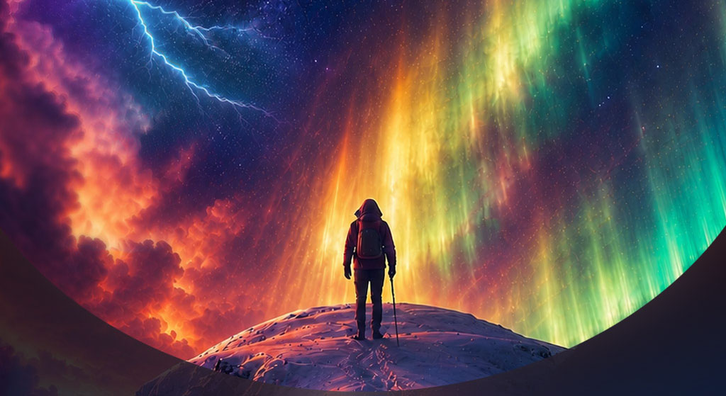 Figure standing beneath a colorful aurora