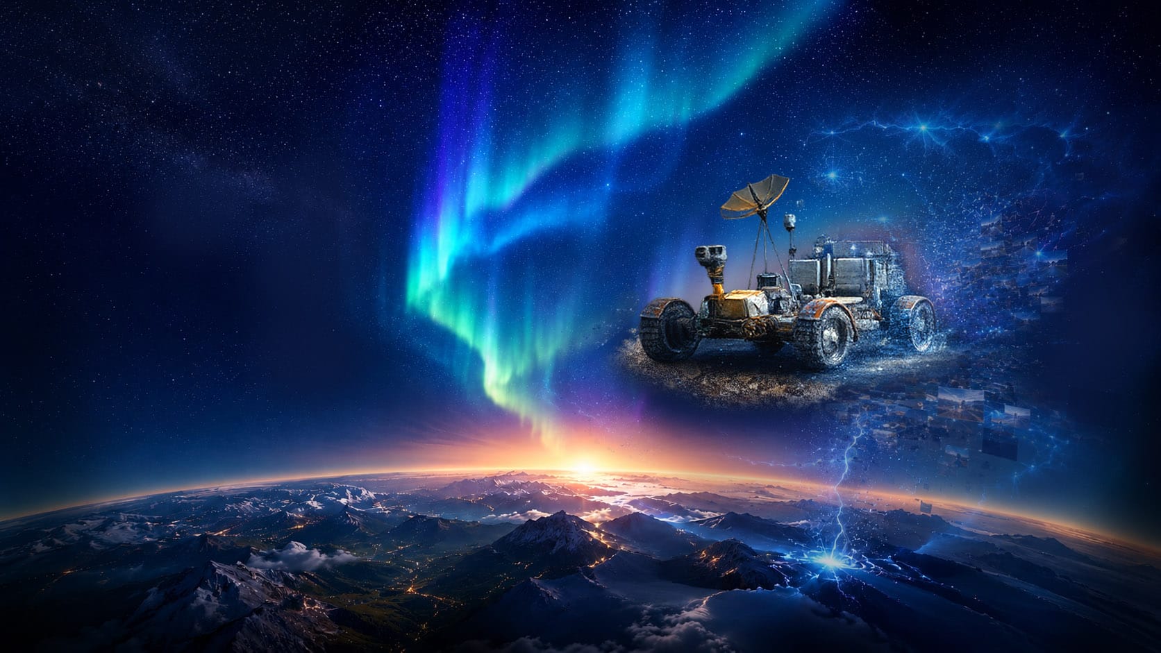 Lunar rover beneath an aurora-lit sky