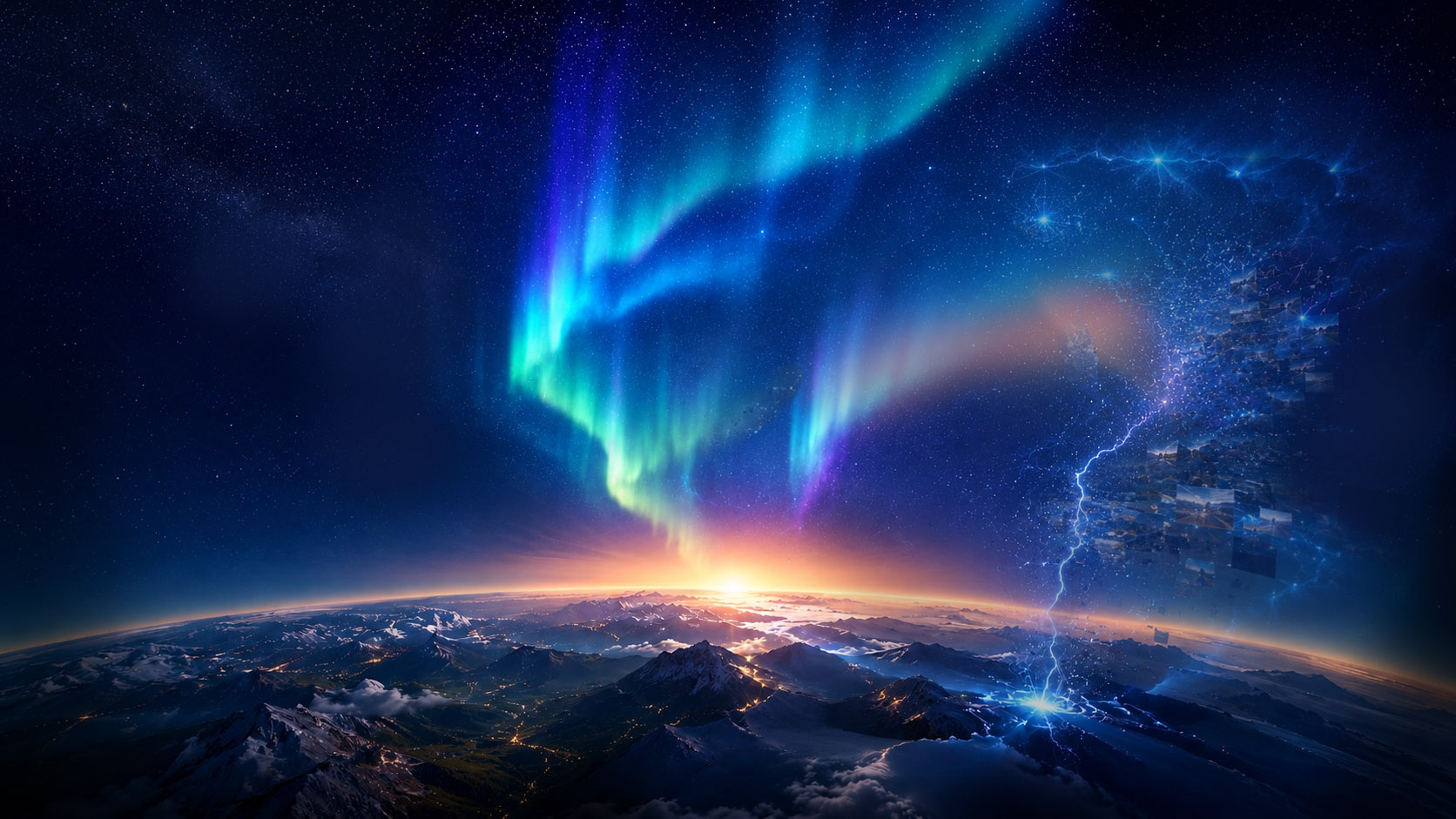 Aurora-lit mountain landscape beneath a star-filled sky