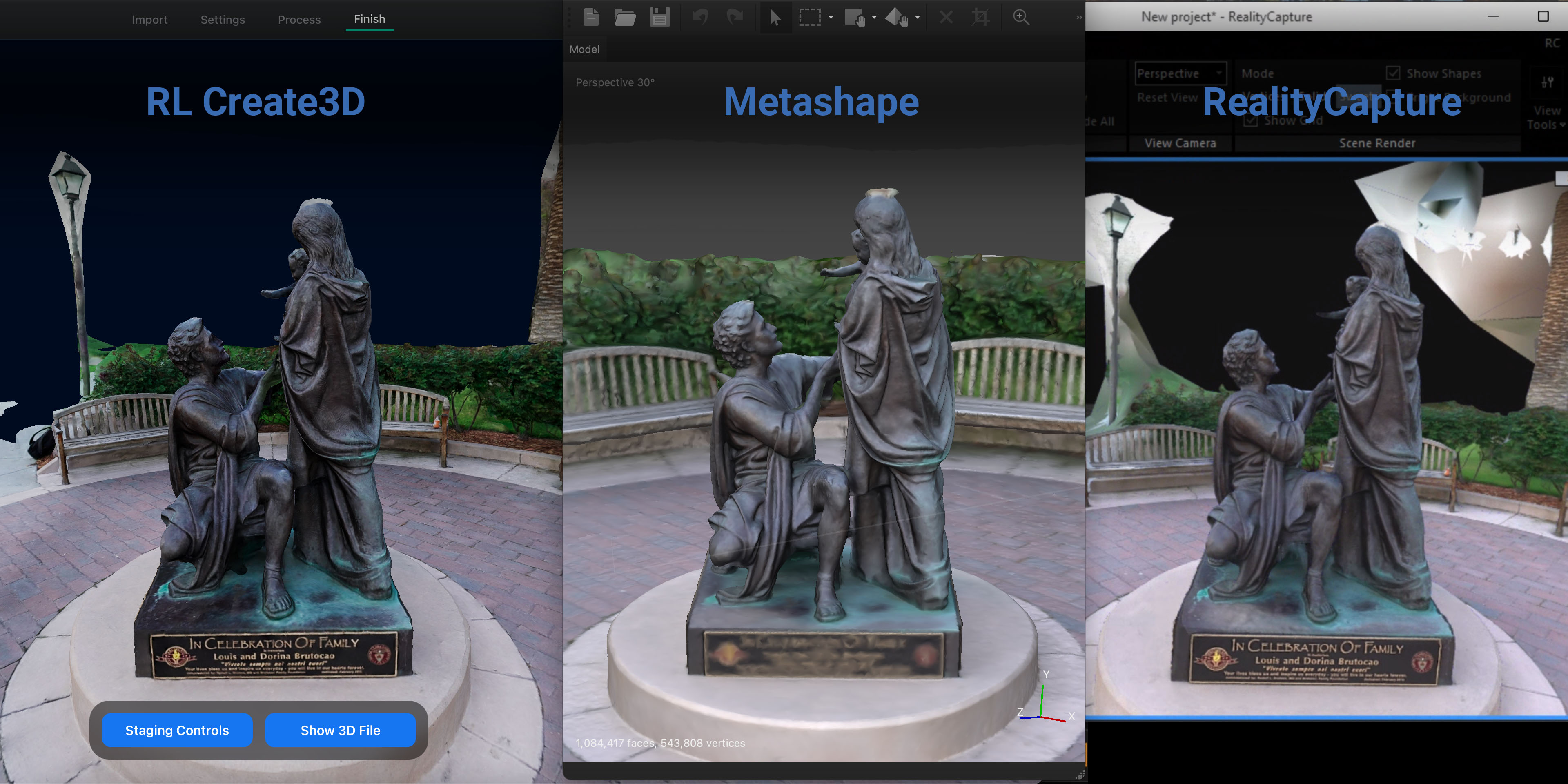 Three-way comparison of the same reconstruction in RL Create3D, Metashape, and RealityCapture